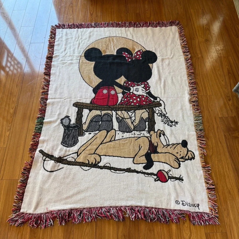 Vintage Disney Mickey Minnie Pluto Woven Tapestry Throw Blanket Fringe 67x48